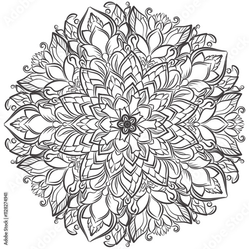 Complex Floral Mandala with Layered Petal Design in Black and White Line Art