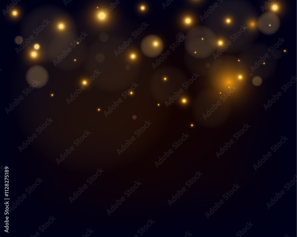 Bokeh background with soft golden light orbs on transparent grid, ideal for overlays and graphic design.