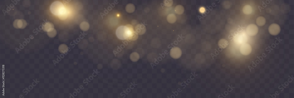 Bokeh background with soft golden light orbs on transparent grid, ideal for overlays and graphic design.