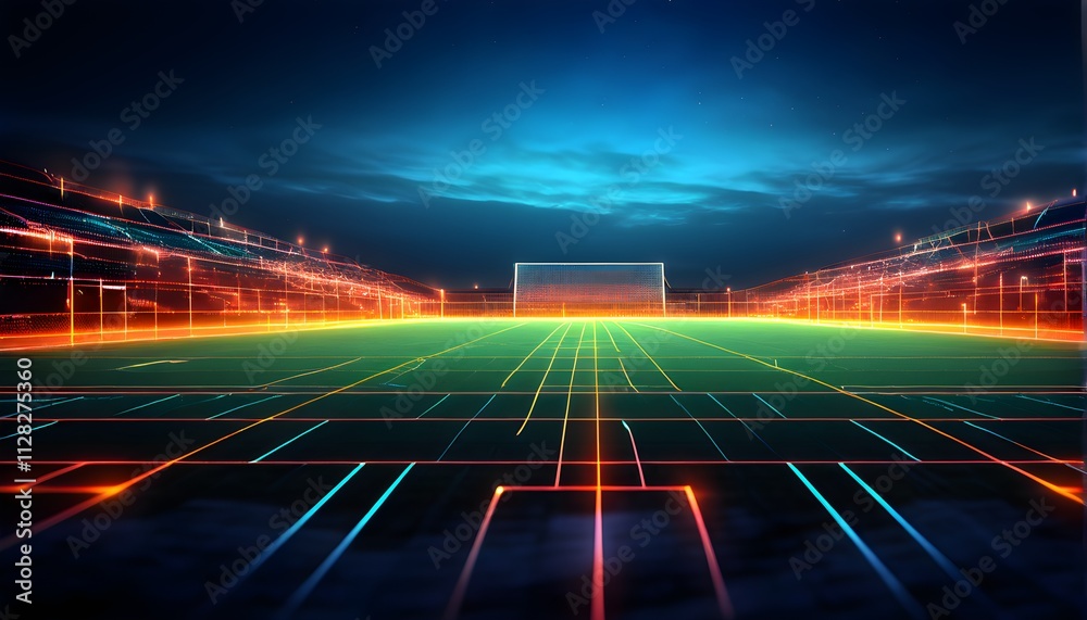 sports field with pixelated neural network lines crossing over sports field with pixelated neural network lines crossing over
