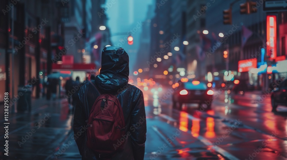 Rainy Night in the City: A Solitary Figure Amidst Urban Lights Rainy Night in the City: A Solitary Figure Amidst Urban Lights