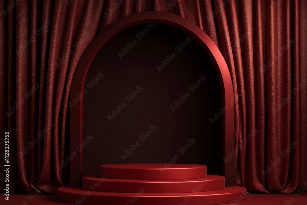 Red podium scene with an arch and red curtain on the right, creating a sense of depth. The background is dark brown. Red podium scene with an arch and red curtain on the right, creating a sense of depth. The background is dark brown.