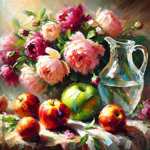 A vivid still-life composition featuring colorful peonies, fresh apples, a glass vase, and dramatic lighting, evoking timeless elegance.