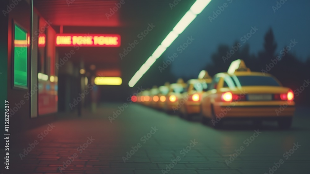 brightly lit taxi stand at night featuring row of glowing yellow taxis ready for passengers brightly lit taxi stand at night featuring row of glowing yellow taxis ready for passengers