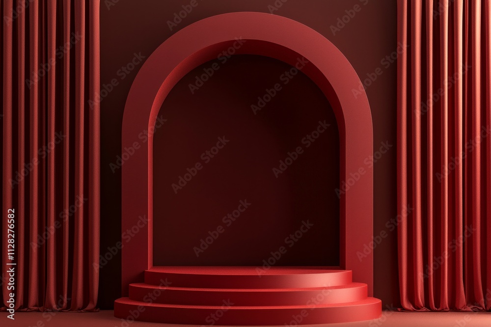 Red podium scene with an arch and red curtain on the right, creating a sense of depth. The background is dark brown. Red podium scene with an arch and red curtain on the right, creating a sense of depth. The background is dark brown.