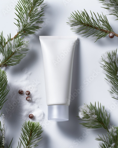 Cream tube with plastic transparent cap lies on white background surrounded by fir branches. Vertical mockup of winter skincare cosmetics, top view