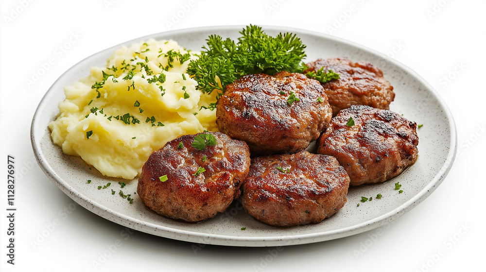 Delicious Grilled Meat Patties Served with Creamy Mashed Potatoes. Generative Ai. Delicious Grilled Meat Patties Served with Creamy Mashed Potatoes. Generative Ai.