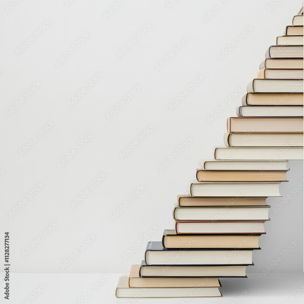 creative arrangement of books stacked in the shape of a staircase against a plain white background, symbolizing knowledge, learning, and progress. The minimalistic style enhances its visual appeal creative arrangement of books stacked in the shape of a staircase against a plain white background, symbolizing knowledge, learning, and progress. The minimalistic style enhances its visual appeal