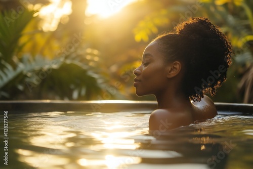 A relaxing outdoor spa session for a Black woman surrounded by nature and sunlight during a peaceful afternoon