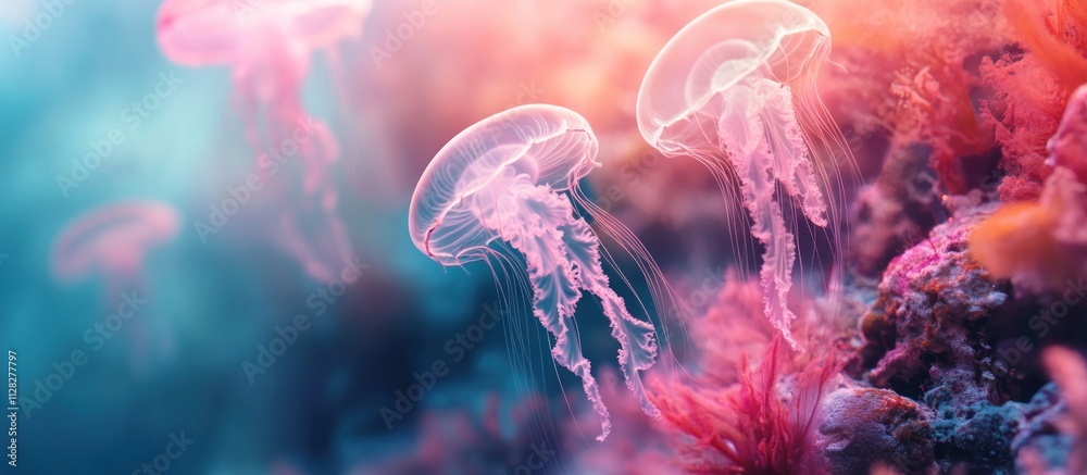 Fototapeta premium Pink jellyfish swimming gracefully in vibrant coral reef.