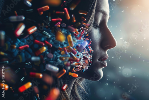 Conceptual portrait of a woman surrounded by colorful floating pills, symbolizing the intersection of mental health, medicine, and human emotions in a surreal artistic composition photo