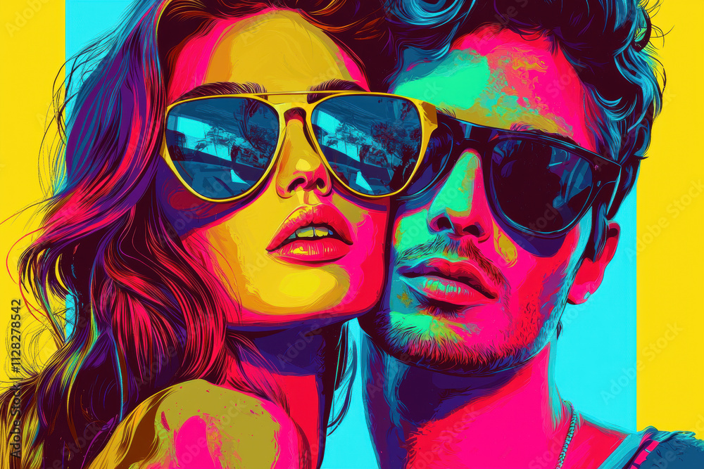 Young woman and man wearing sunglasses. Vibrant couple portrait in pop art retro style