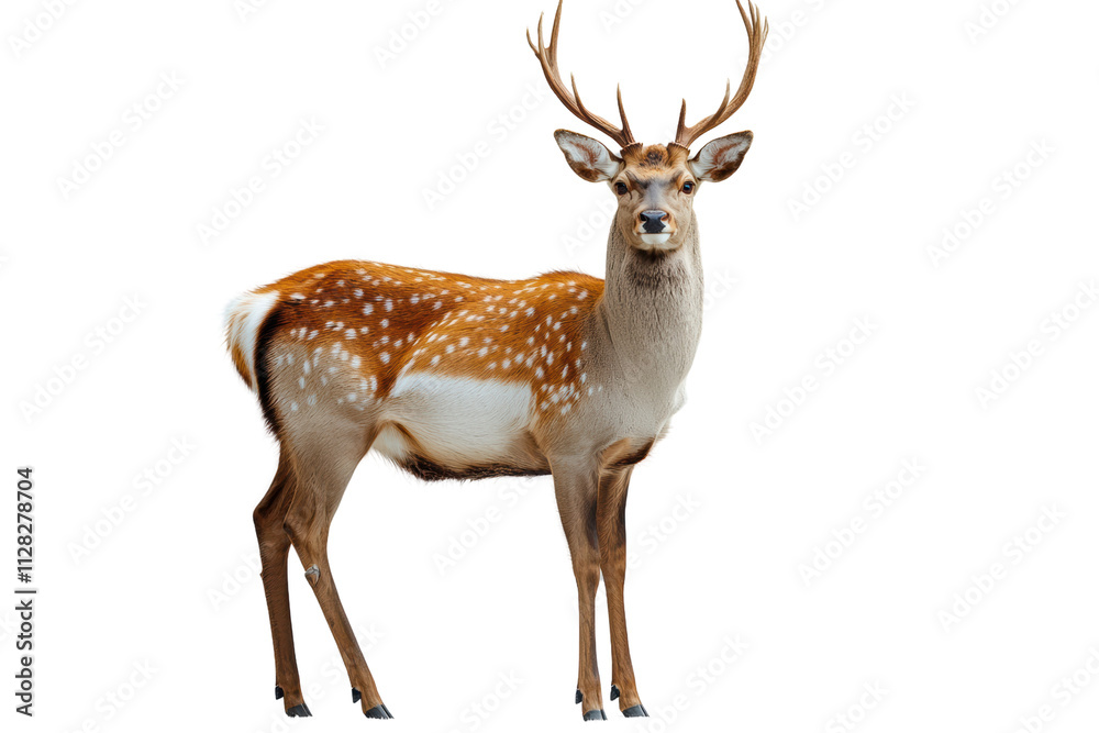 Obraz premium A majestic deer stands gracefully with its antlers raised, showcasing its beautiful coat and unique spotted pattern against a white isolate background.