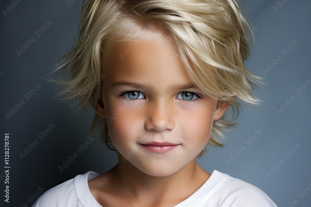 A young blonde boy with blue eyes is smiling for the camera A young blonde boy with blue eyes is smiling for the camera