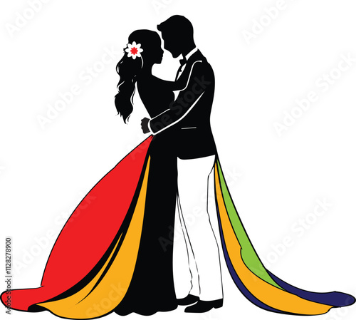 A happy couple celebrates a wedding ceremony marriage vector in silhouette bride and groom.