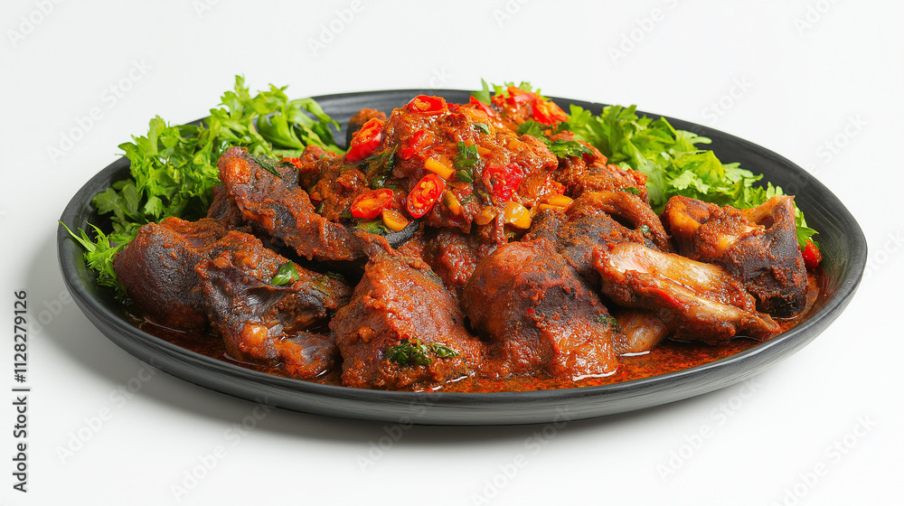 Spicy Red Chili Pork Stew, Garnish, Parsley, Delicious Dish, Food Photography. Generative Ai. Spicy Red Chili Pork Stew, Garnish, Parsley, Delicious Dish, Food Photography. Generative Ai.