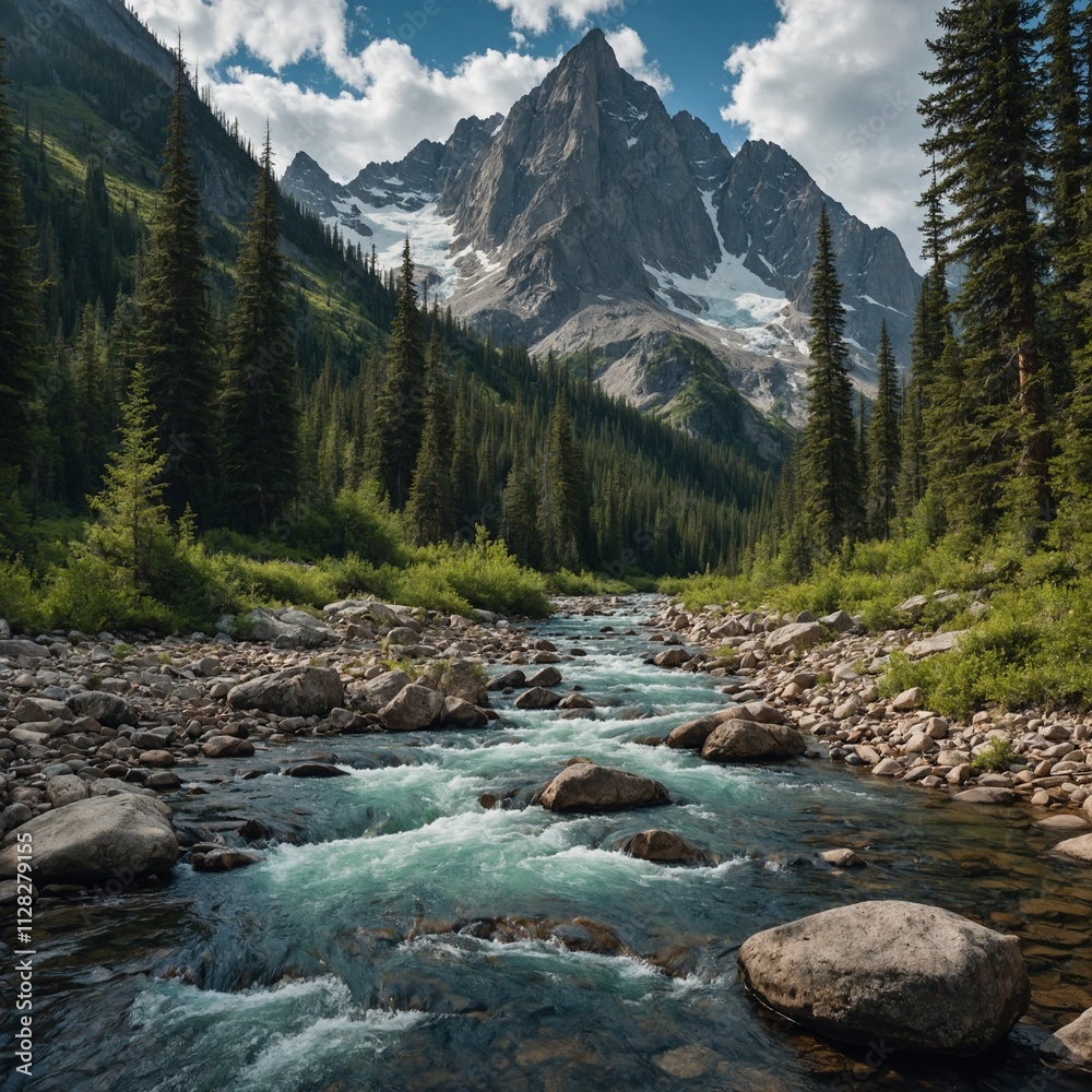A crystal-clear stream flowing through a mountain forest with towering peaks in the distance. A crystal-clear stream flowing through a mountain forest with towering peaks in the distance.