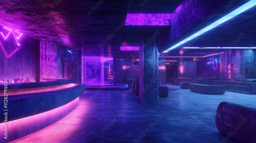A neon-lit, gritty sci-fi club scene blends urban decay with vibrant, futuristic energy.