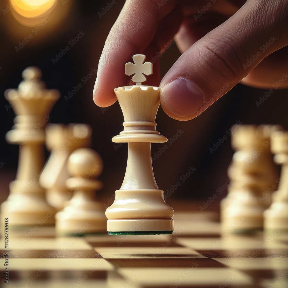 hand holding a chess queen piece, while the other chess pieces are in ...