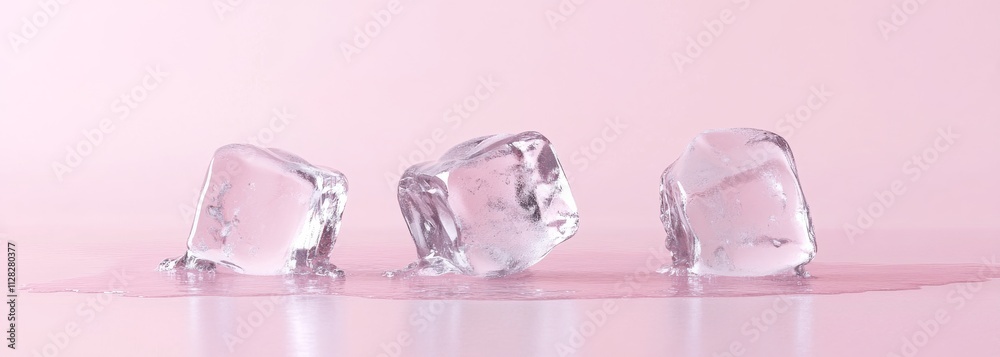 Three gleaming ice cubes on a delicate pink surface create an inviting and cool visual for any design project. Three gleaming ice cubes on a delicate pink surface create an inviting and cool visual for any design project.