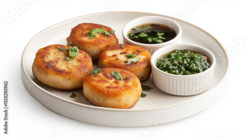 Delicious Fried Potato Cakes with Two Dips, Cilantro Garnish. Generative Ai. photo