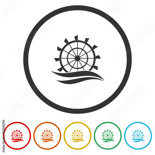 Turbine water mill wheel icon. Set icons in color circle buttons