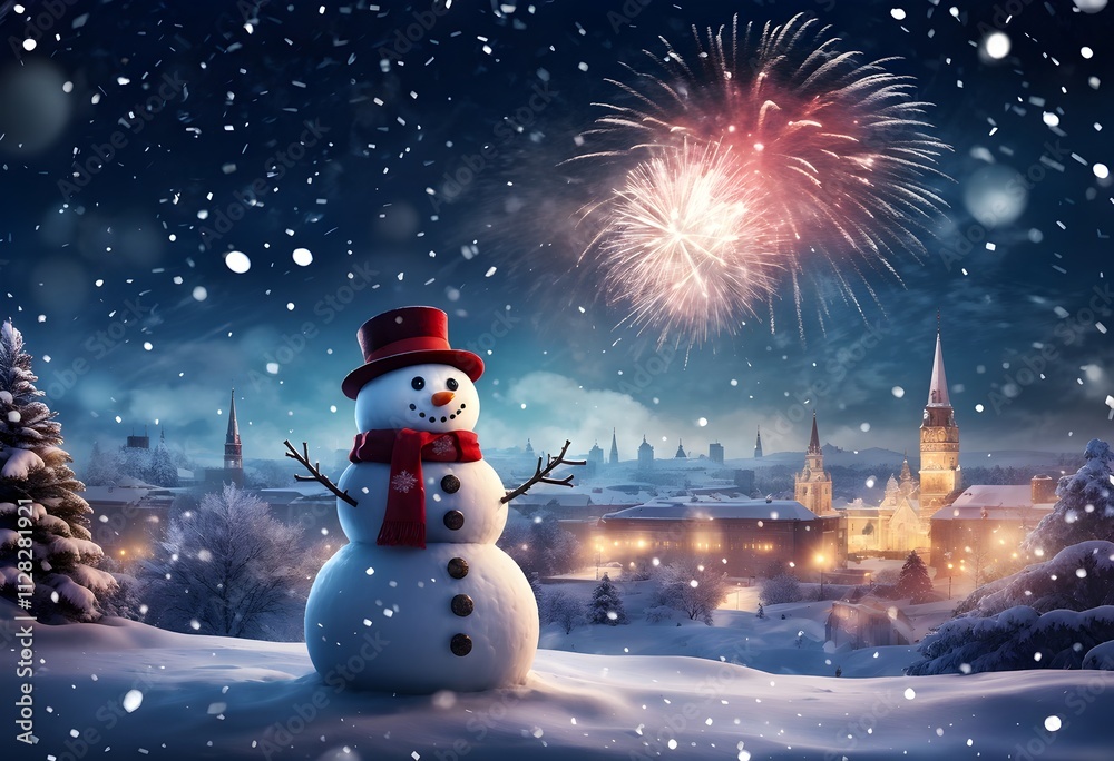 Obraz premium Ein Schneemann im Schnee an Silvester mit Feuerwerk