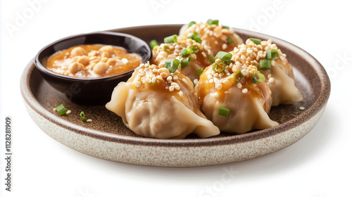 Delicious SesameTopped Dumplings with Chickpea Sauce Garnish. Generative Ai.