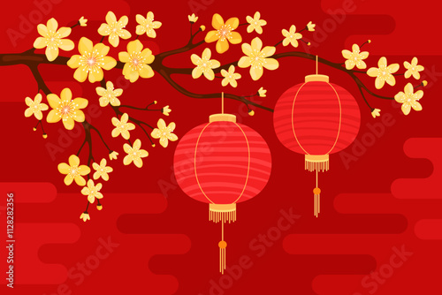 Red round silk or paper Asian lanterns hang on a branch with yellow apricot flowers, red background. Chinese lanterns. Lunar New Year, Chinese New Year, Tet. Spring sakura, cherry or apple flowers.