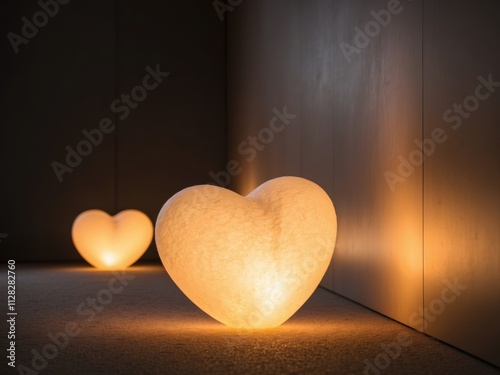 A glowing golden heart rests on the floor of a dark room, radiating warmth and light, symbolizing life, hope, and safety in a high-resolution scene photo