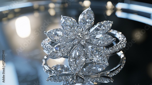 A photorealistic close-up of a diamond-studded brooch with floral design placed on a mirrored surface 