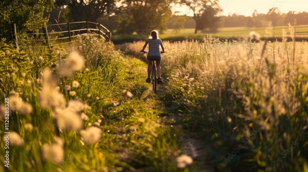 A young person cycling on a trail through a prairie with tall grasses and wildflowers, The cyclist fills one-third to one-half of the image A young person cycling on a trail through a prairie with tall grasses and wildflowers, The cyclist fills one-third to one-half of the image