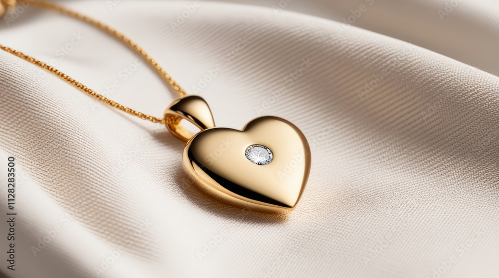 Luxury gold heart pendant with single diamond on rich fabric backdrop. The composition emphasizes the contrast between the golden jewelry and the soft, textured fabric, creating an opulent aesthetic Luxury gold heart pendant with single diamond on rich fabric backdrop. The composition emphasizes the contrast between the golden jewelry and the soft, textured fabric, creating an opulent aesthetic