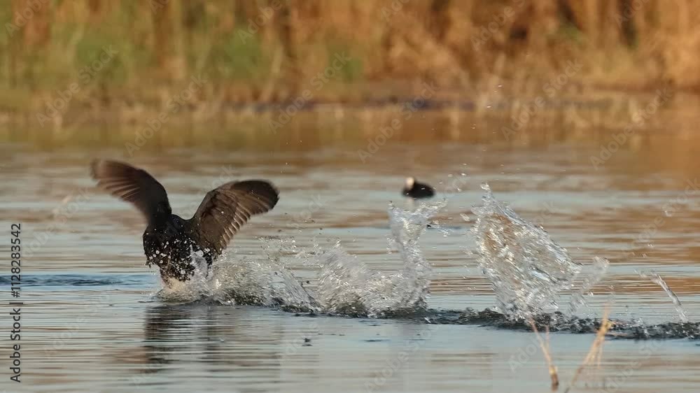 Focha cornuda Fulica cristata ataca a otra focha en el parque natural el hondo España
