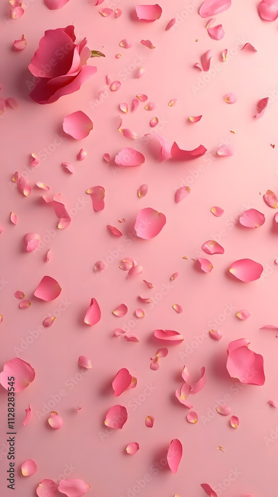 Pink rose petals on a pink background. Flat lay, top view Pink rose petals on a pink background. Flat lay, top view