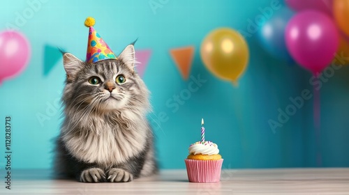 Cute Cat Celebrating with Cupcake and Balloons photo