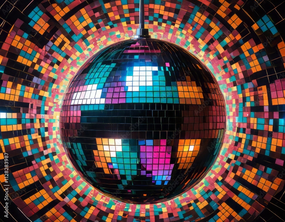 Φωτογραφία Una bola de discoteca vibrante y retro futurista cuelga suspendida en el aire