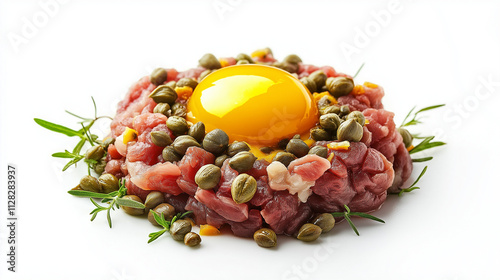 Delicious Beef Tartar Appetizer with Capers and Egg Yolk. Generative Ai. photo