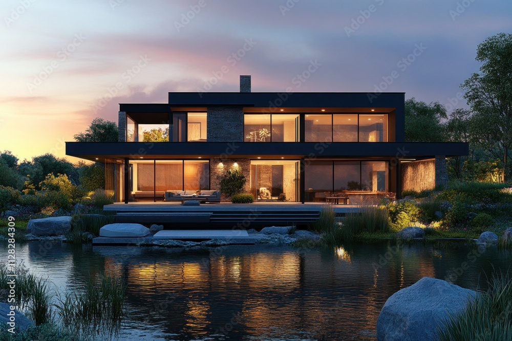 Obraz premium Modern waterfront villa with floor-to-ceiling windows, warm interior lighting, and reflections on a calm lake under a twilight sky