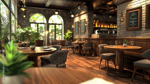 Luxurious restaurant interior with wooden furniture  plants  and large windows.