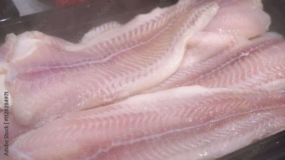 Fresh pangasius fillet on an ice display case under a cooling spray Fresh pangasius fillet on an ice display case under a cooling spray
