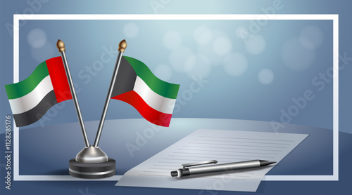 United Arab Emirate and Kuwait National flags on small table with bokeh background, cooperative relationship
