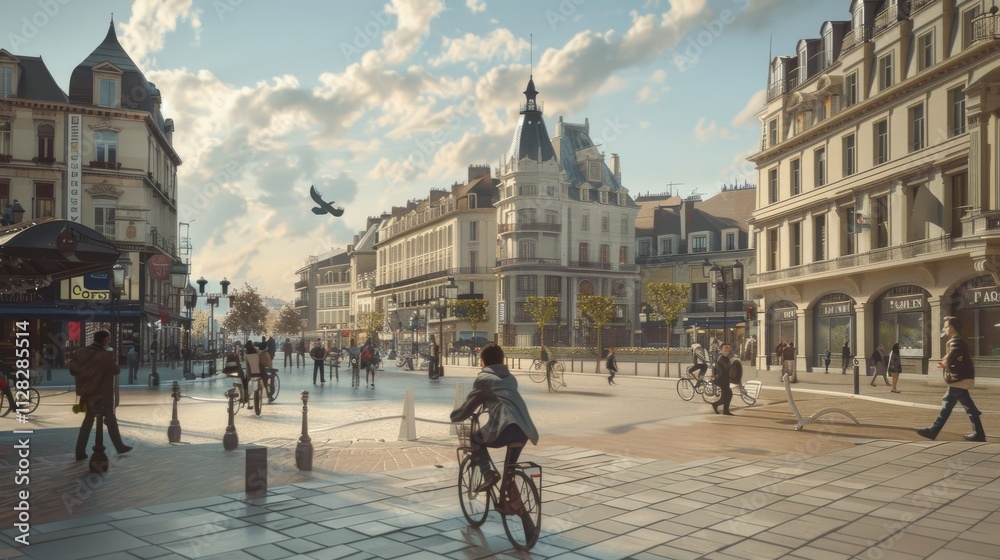 Obraz premium A young person cycling through a bustling city square with people walking and historic buildings, The cyclist fills one-third to one-half of the image