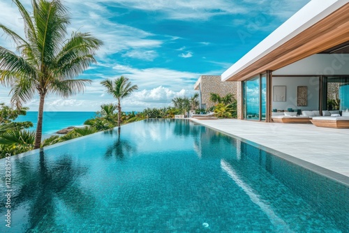 Contemporary tropical villa with bright infinity pool  open design  and lush garden under a clear blue sky