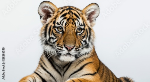 Close-up of a bengal tiger cub with intense gaze on a white background photo