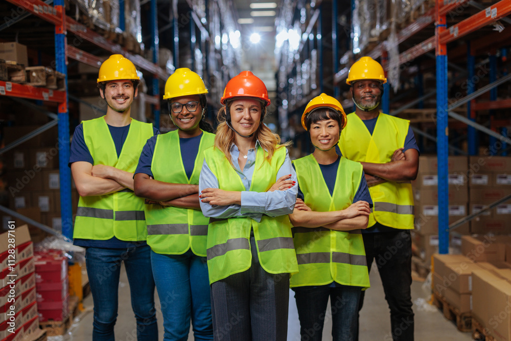 Diverse warehouse team in safety gear Diverse warehouse team in safety gear