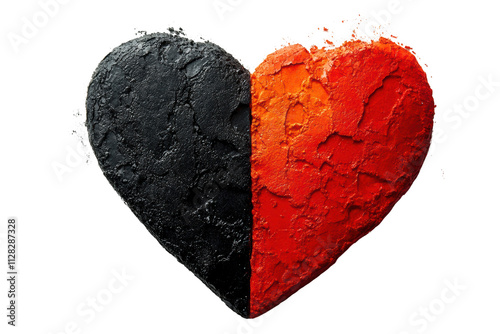 A striking heart graphic, half black and half red, symbolizing contrasting emotions or duality, on a white isolated background. photo