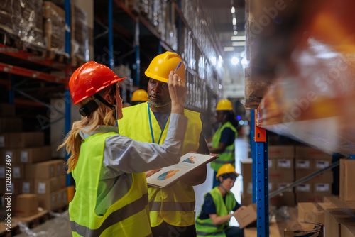 Female warehouse manager explaining the plan to a worker