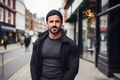 Portrait of a handsome bearded man wearing a black hoodie and a black hat standing in the street.