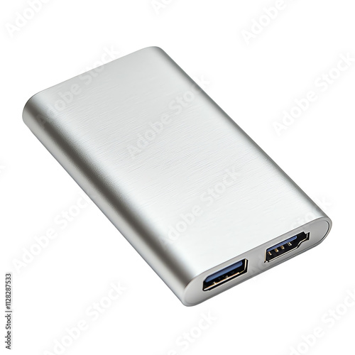 A sleek, silver power bank featuring two USB ports for charging devices on the go.